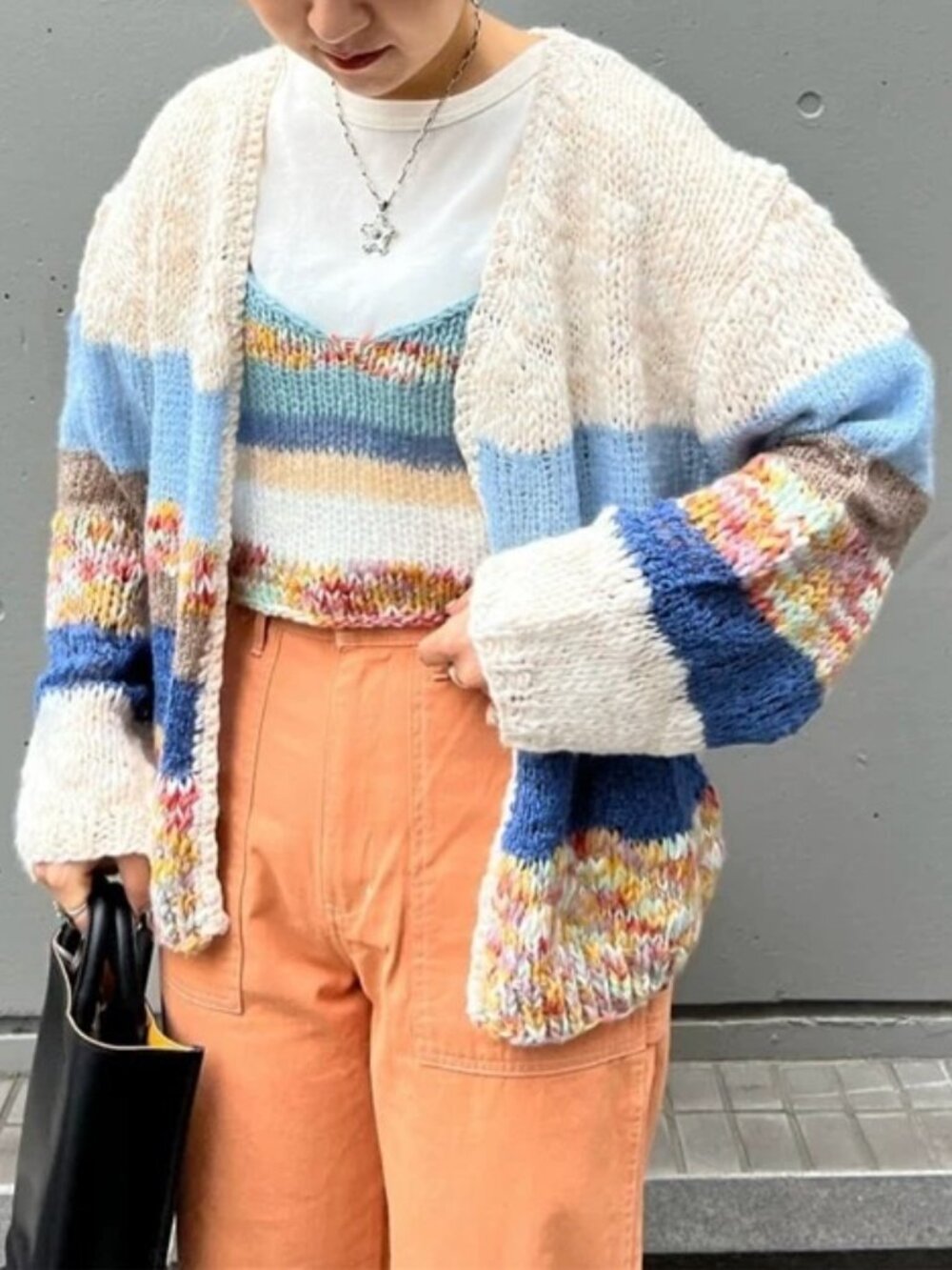 Freak's Store Striped Chunky Knit‎ Cardigan & Camisole 2-Piece Set Blue F